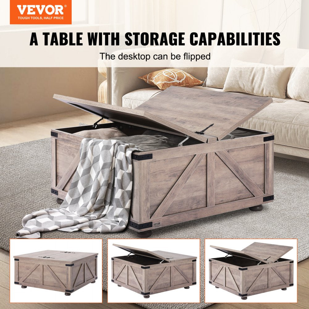 VEVOR 36" Farmhouse Coffee Table Hinged Square Table with Storage Beige 