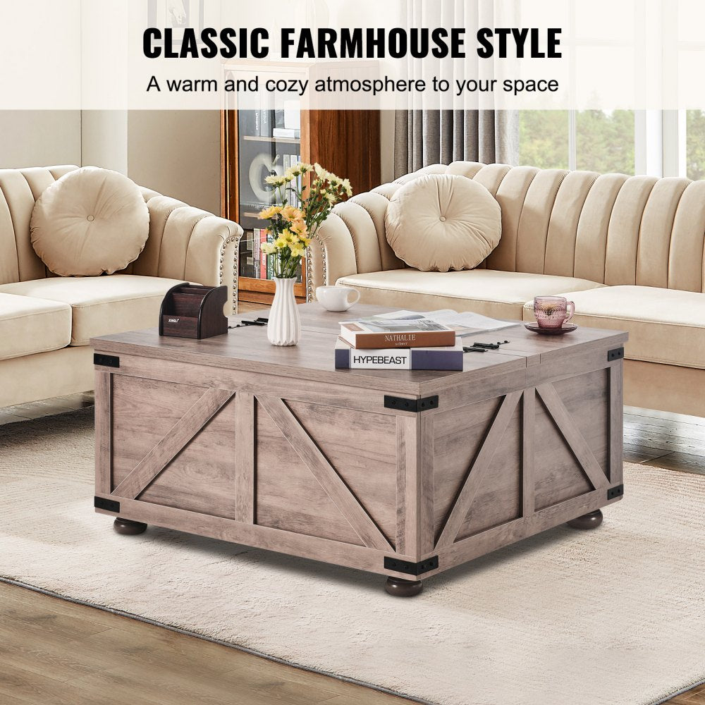 VEVOR 36" Farmhouse Coffee Table Hinged Square Table with Storage Beige 