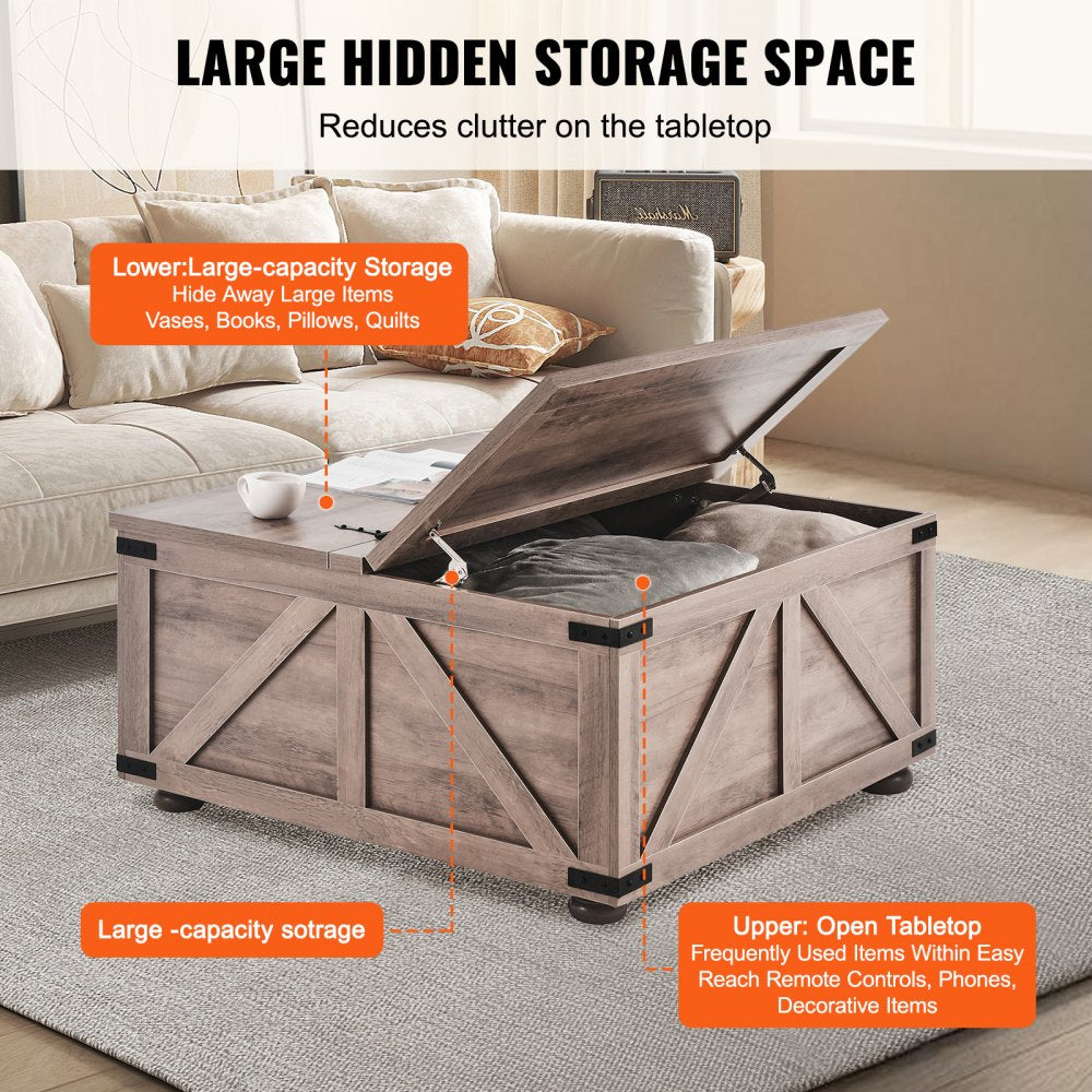 VEVOR 36" Farmhouse Coffee Table Hinged Square Table with Storage Beige 