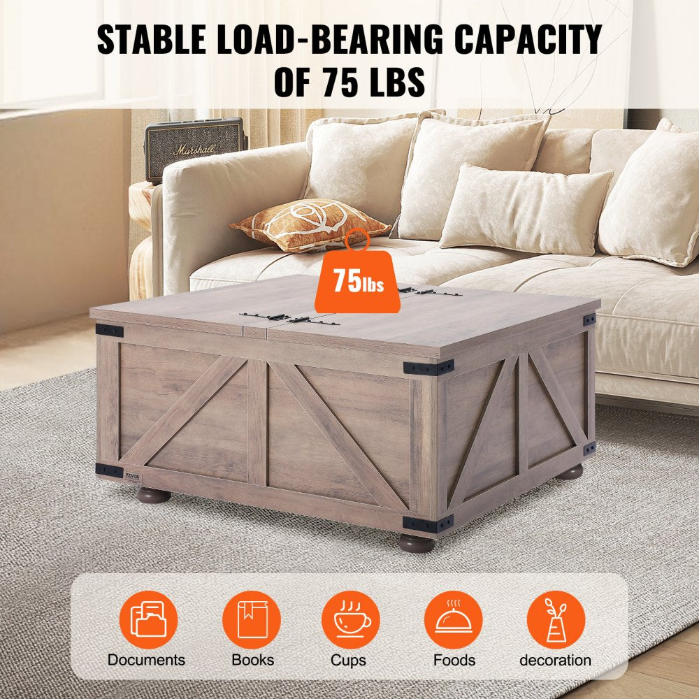 VEVOR 36" Farmhouse Coffee Table Hinged Square Table with Storage Beige 