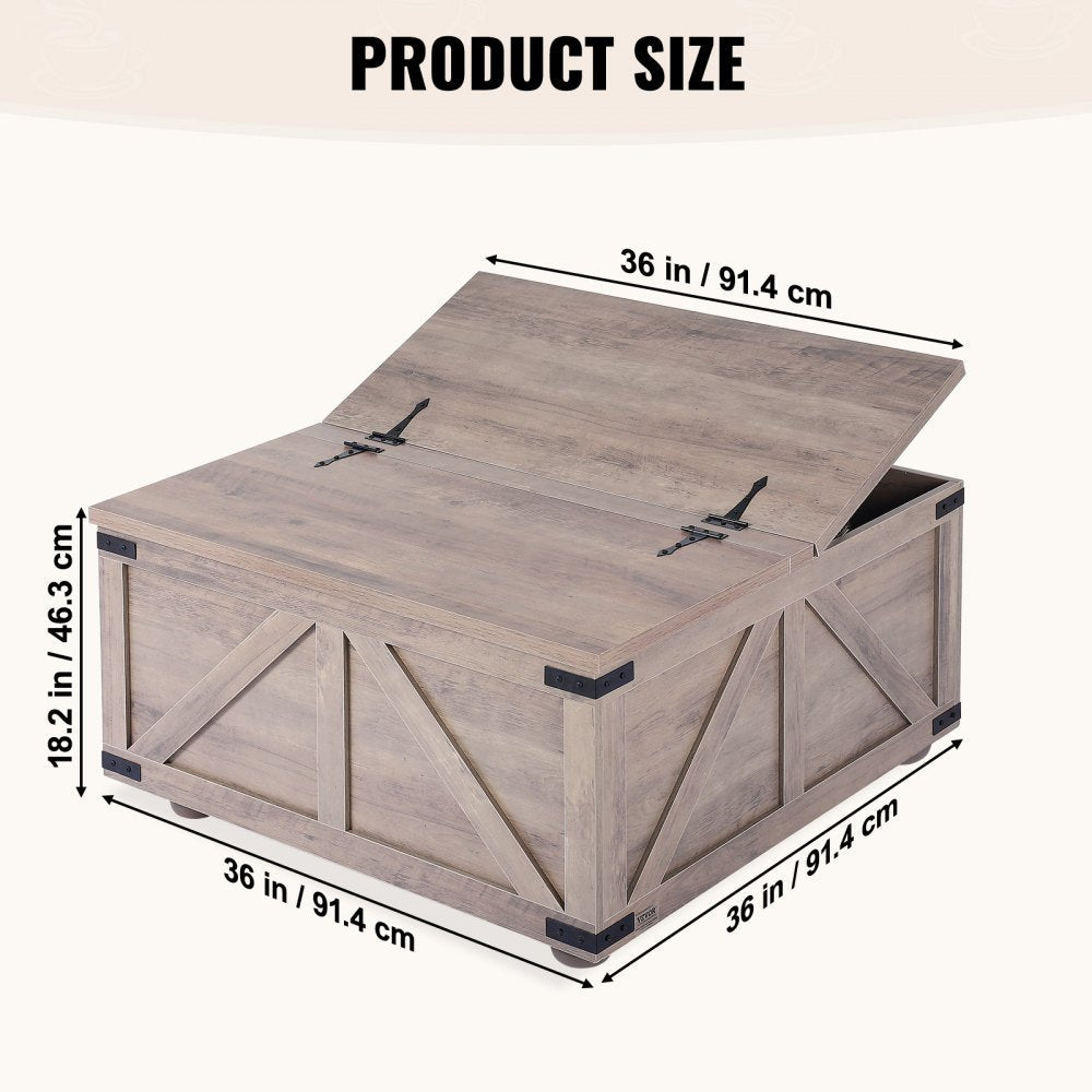 VEVOR 36" Farmhouse Coffee Table Hinged Square Table with Storage Beige 