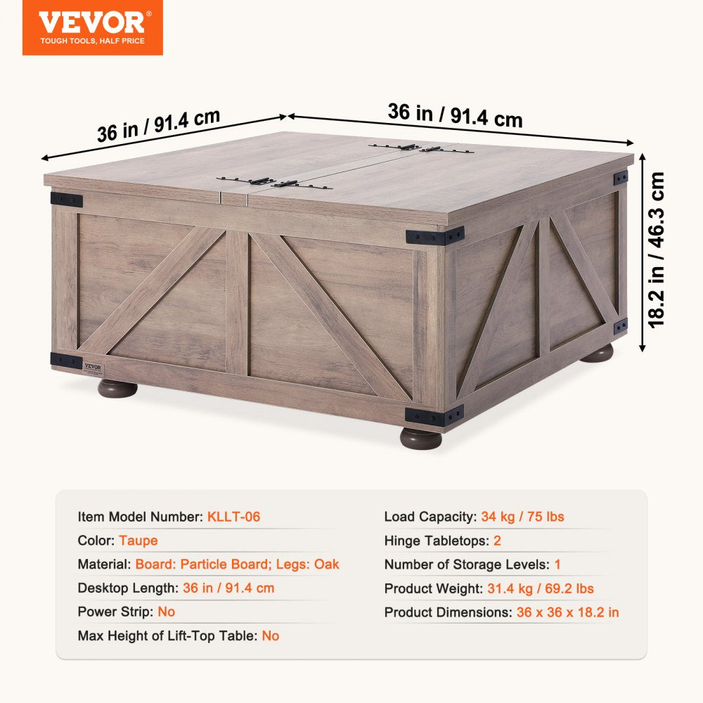 VEVOR 36" Farmhouse Coffee Table Hinged Square Table with Storage Beige 