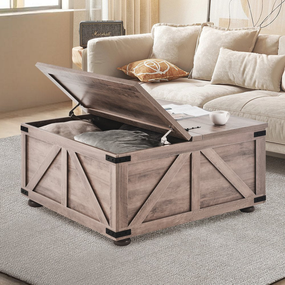 VEVOR 36" Farmhouse Coffee Table Hinged Square Table with Storage Beige 