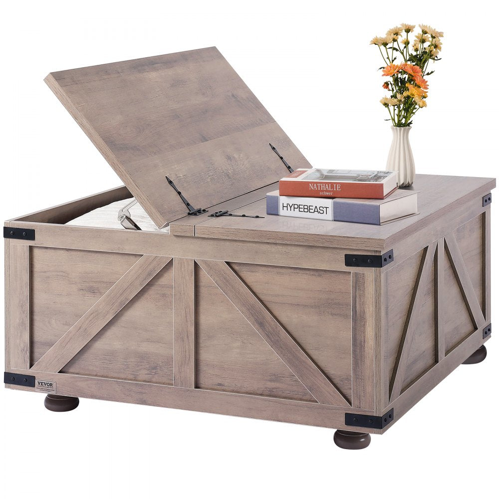 VEVOR 36" Farmhouse Coffee Table Hinged Square Table with Storage Beige 