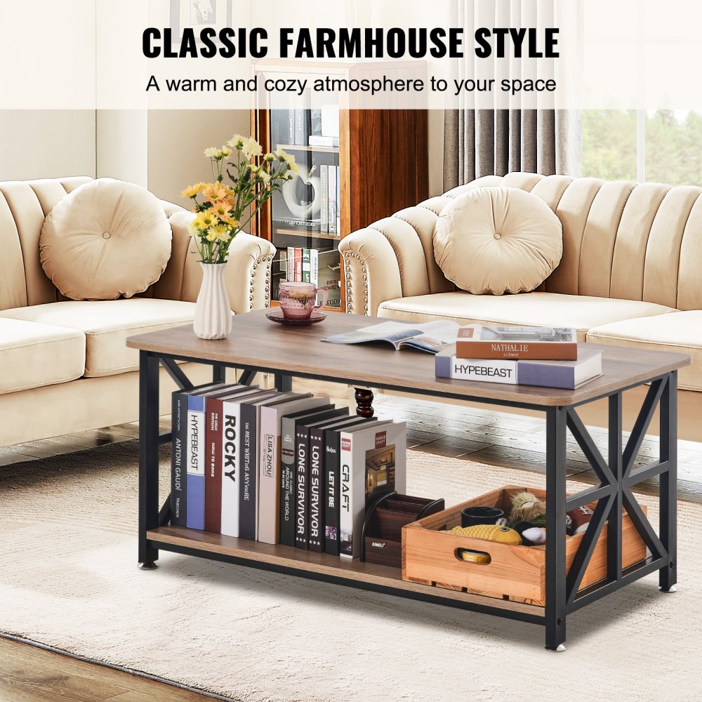 VEVOR 40" Farmhouse Coffee Table Rectangle Table with Open Storage Compartment 