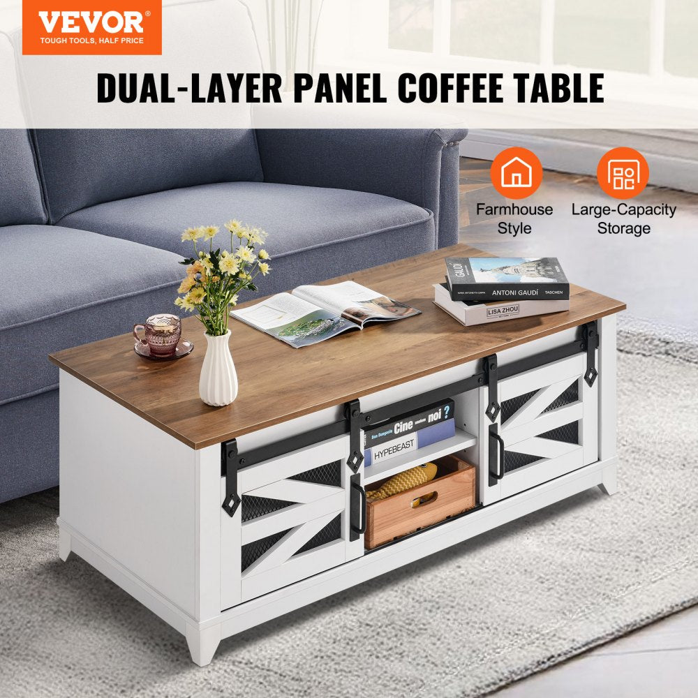 VEVOR 48" Farmhouse Coffee Table 2-tier Rectangle Table with Sliding Barn Doors 
