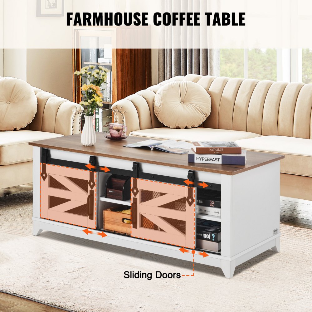 VEVOR 48" Farmhouse Coffee Table 2-tier Rectangle Table with Sliding Barn Doors 