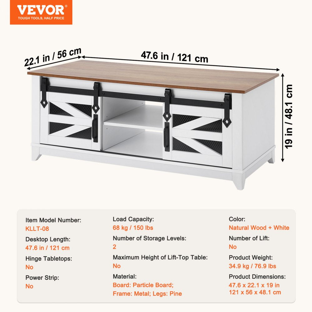 VEVOR 48" Farmhouse Coffee Table 2-tier Rectangle Table with Sliding Barn Doors 