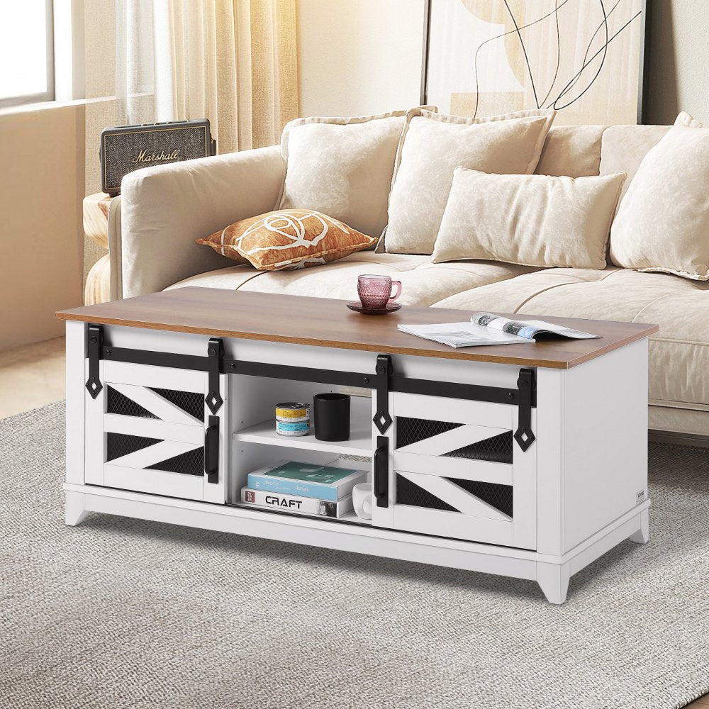 VEVOR 48" Farmhouse Coffee Table 2-tier Rectangle Table with Sliding Barn Doors 
