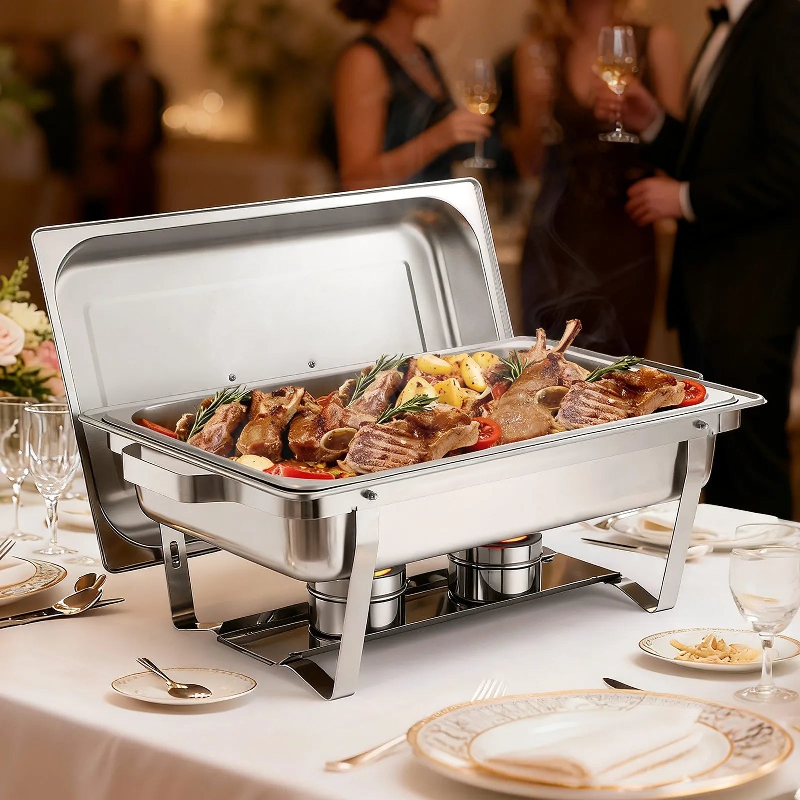 VEVOR Rectangle Chafing Dish, 9 Qt 2 Pack Stainless Steel Chafing Dish, Food Warmer Chafer Complete Set with Hollow Handle, 1 Food Tongs, Lid, Fuel Holder, Chafer Dishes for Banquet Party Wedding 
