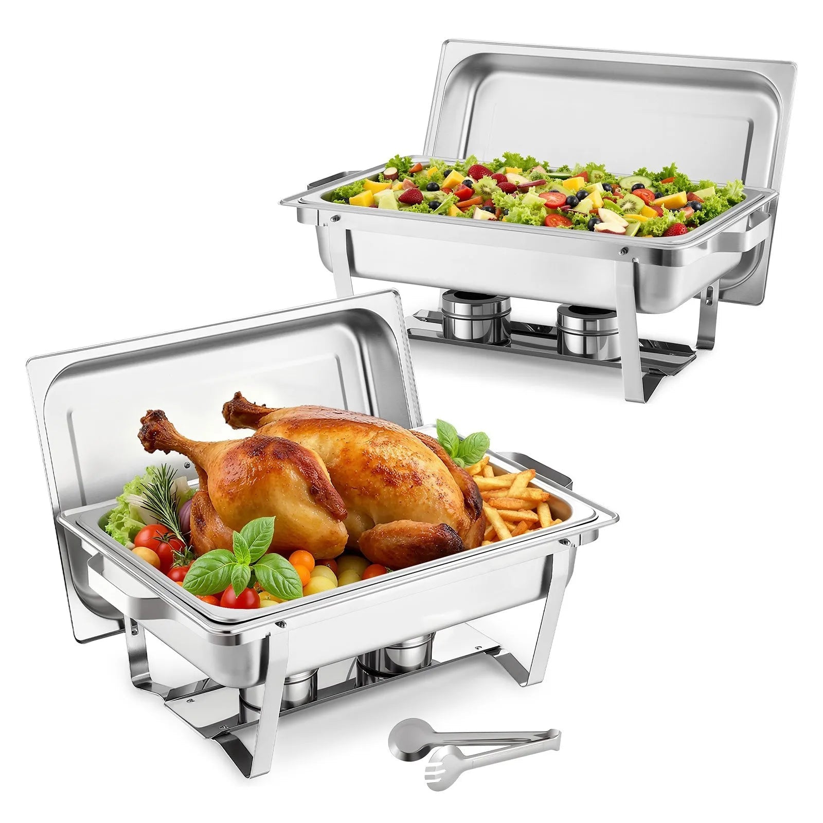 VEVOR Rectangle Chafing Dish, 9 Qt 2 Pack Stainless Steel Chafing Dish, Food Warmer Chafer Complete Set with Hollow Handle, 1 Food Tongs, Lid, Fuel Holder, Chafer Dishes for Banquet Party Wedding 