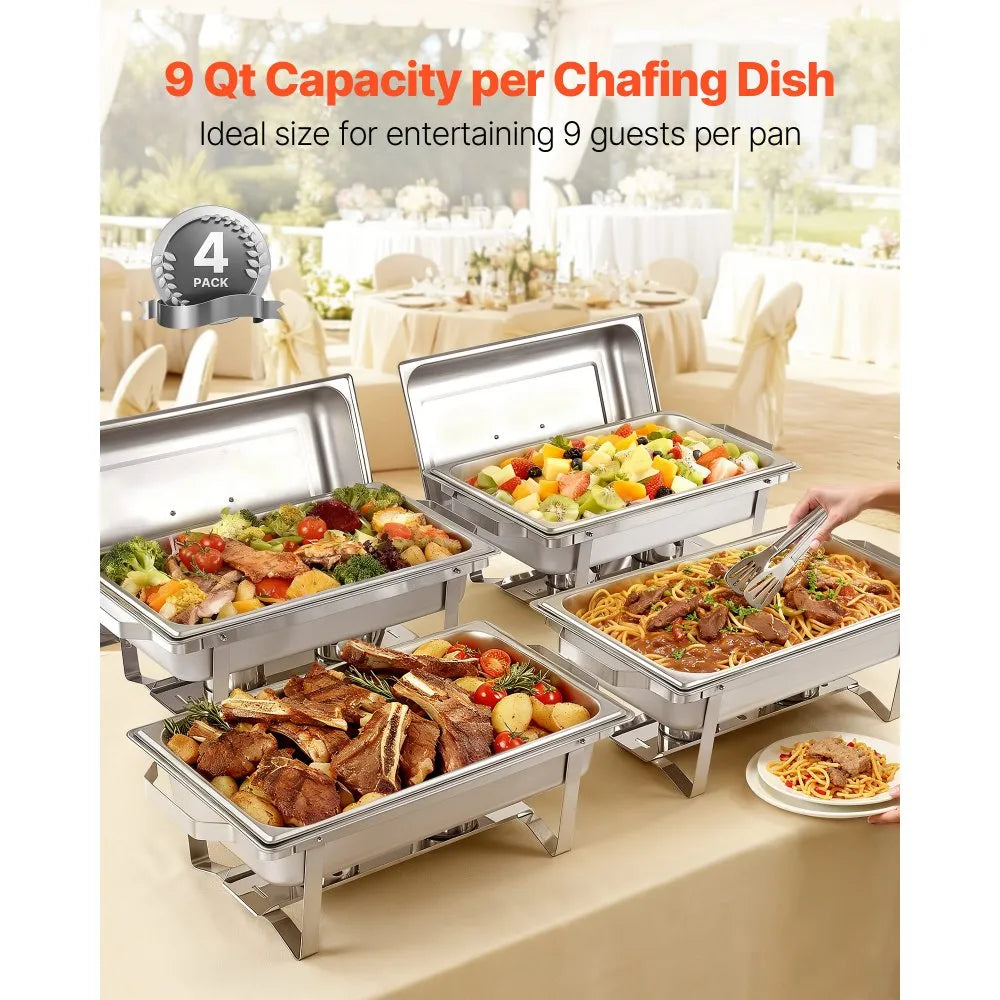 VEVOR Rectangle Chafing Dish, 9 Qt 4 Pack Stainless Steel Chafing Dish, Food Warmer Chafer Complete Set with Hollow Handle, 2 Food Tongs, Lid, Fuel Holder, Chafer Dishes for Banquet Party Wedding 