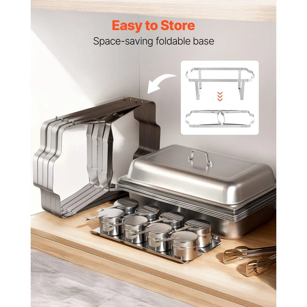 VEVOR Rectangle Chafing Dish, 9 Qt 4 Pack Stainless Steel Chafing Dish, Food Warmer Chafer Complete Set with Hollow Handle, 2 Food Tongs, Lid, Fuel Holder, Chafer Dishes for Banquet Party Wedding 