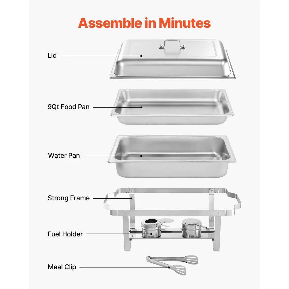 VEVOR Rectangle Chafing Dish, 9 Qt 4 Pack Stainless Steel Chafing Dish, Food Warmer Chafer Complete Set with Hollow Handle, 2 Food Tongs, Lid, Fuel Holder, Chafer Dishes for Banquet Party Wedding 
