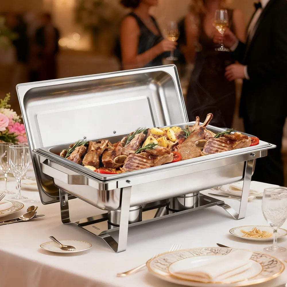 VEVOR Rectangle Chafing Dish, 9 Qt 4 Pack Stainless Steel Chafing Dish, Food Warmer Chafer Complete Set with Hollow Handle, 2 Food Tongs, Lid, Fuel Holder, Chafer Dishes for Banquet Party Wedding 