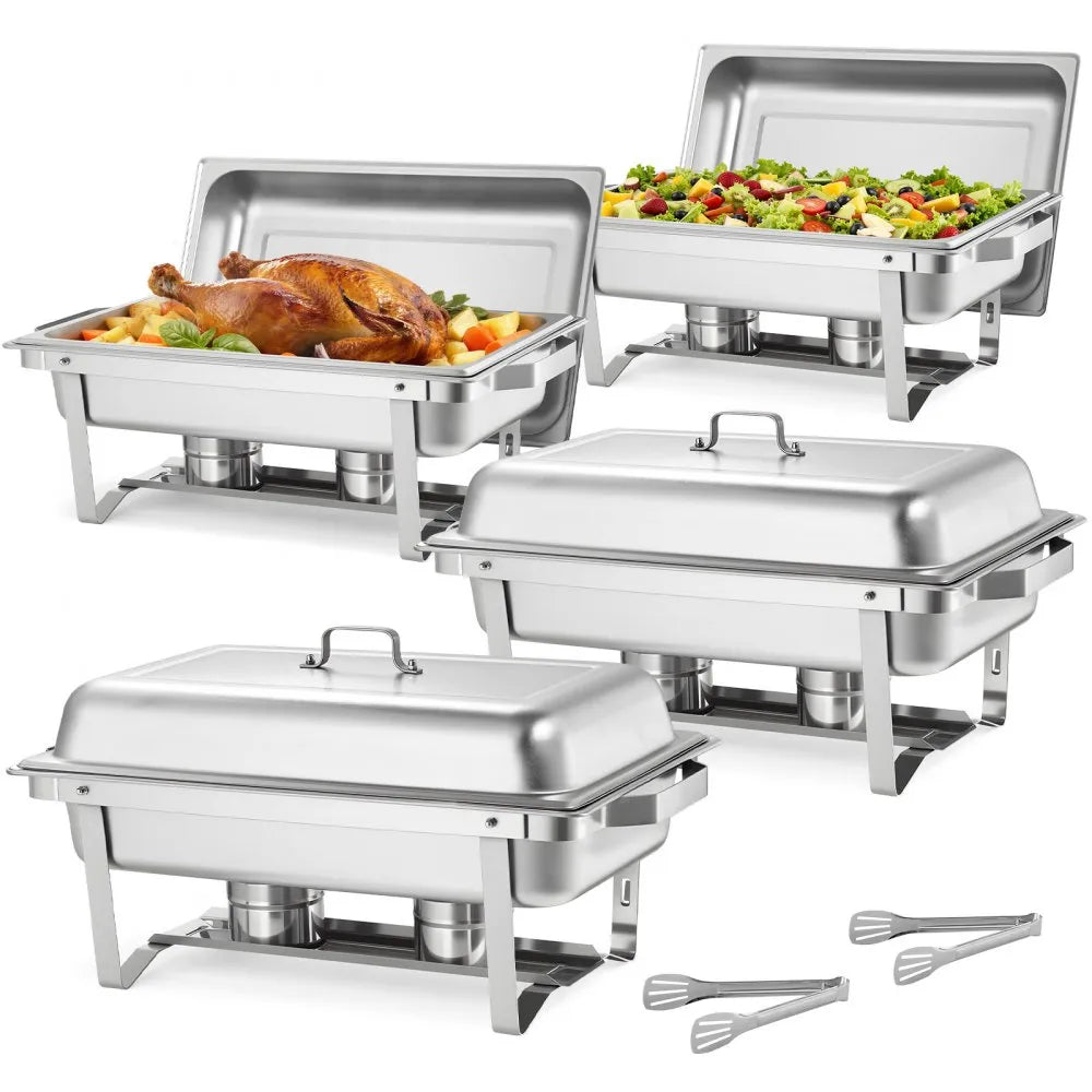 VEVOR Rectangle Chafing Dish, 9 Qt 4 Pack Stainless Steel Chafing Dish, Food Warmer Chafer Complete Set with Hollow Handle, 2 Food Tongs, Lid, Fuel Holder, Chafer Dishes for Banquet Party Wedding 