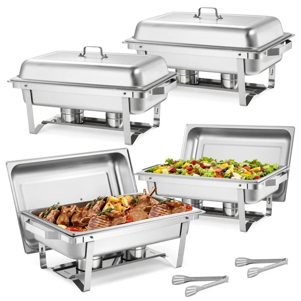VEVOR Rectangle Chafing Dish, 9 Qt 4 Pack Stainless Steel Chafing Dish, Food Warmer Chafer Complete Set with Hollow Handle, 2 Food Tongs, Lid, Fuel Holder, Chafer Dishes for Banquet Party Wedding 