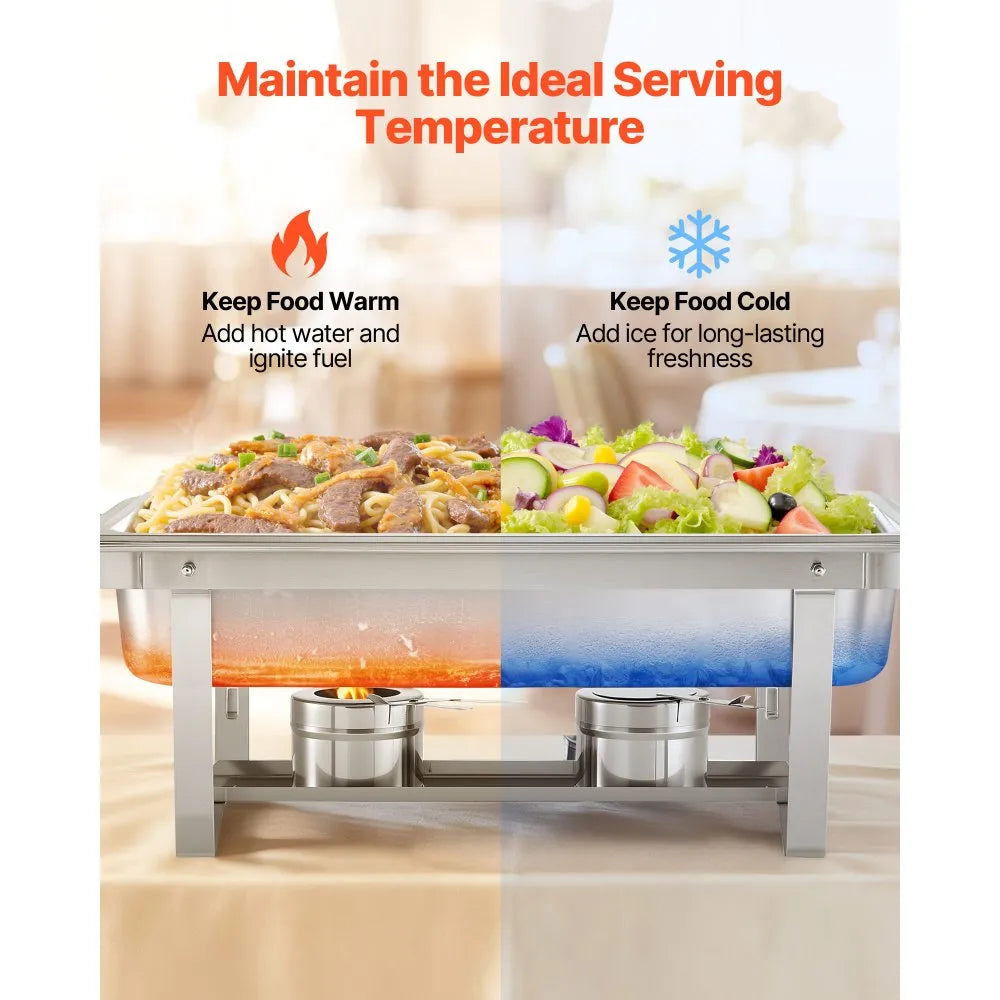 VEVOR Rectangle Chafing Dish, 9 Qt 6 Pack Stainless Steel Chafing Dish, Food Warmer Chafer Complete Set with Hollow Handle, 3 Food Tongs, Lid, Fuel Holder, Chafer Dishes for Banquet Party Wedding 