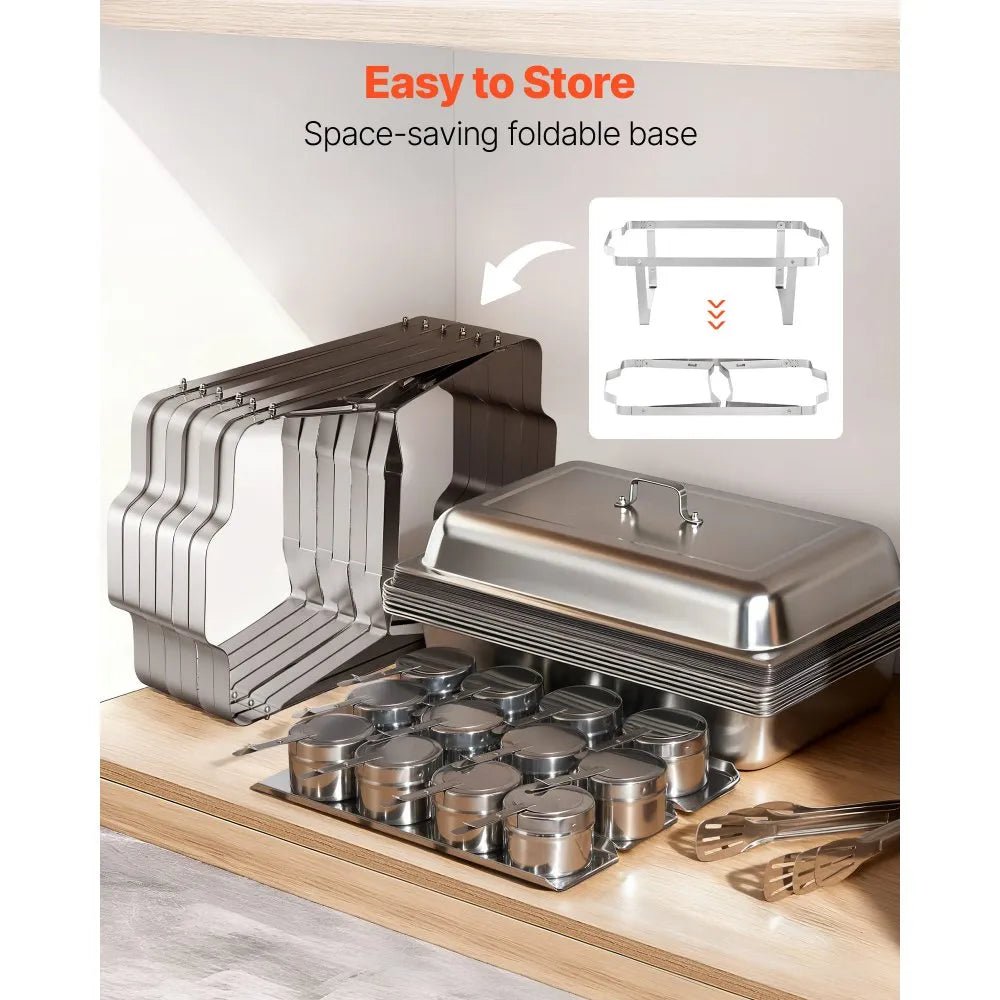 VEVOR Rectangle Chafing Dish, 9 Qt 6 Pack Stainless Steel Chafing Dish, Food Warmer Chafer Complete Set with Hollow Handle, 3 Food Tongs, Lid, Fuel Holder, Chafer Dishes for Banquet Party Wedding 