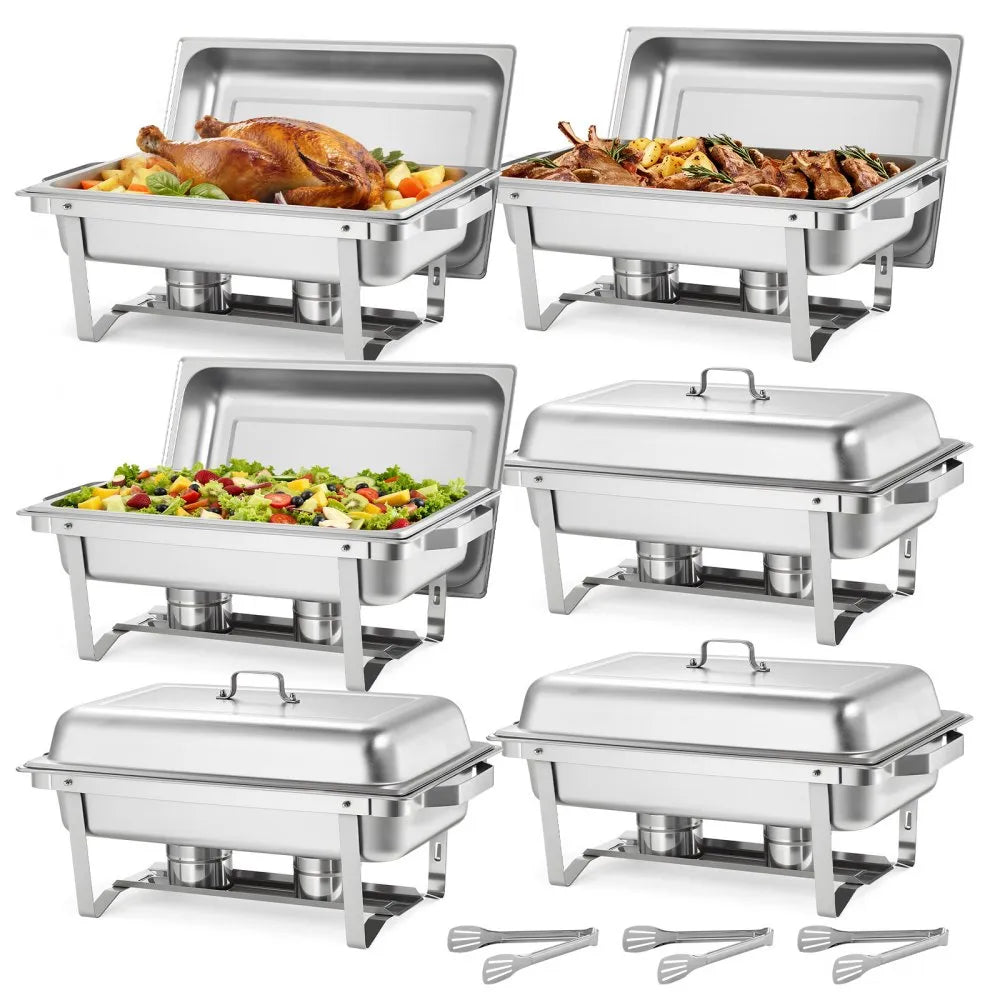 VEVOR Rectangle Chafing Dish, 9 Qt 6 Pack Stainless Steel Chafing Dish, Food Warmer Chafer Complete Set with Hollow Handle, 3 Food Tongs, Lid, Fuel Holder, Chafer Dishes for Banquet Party Wedding 