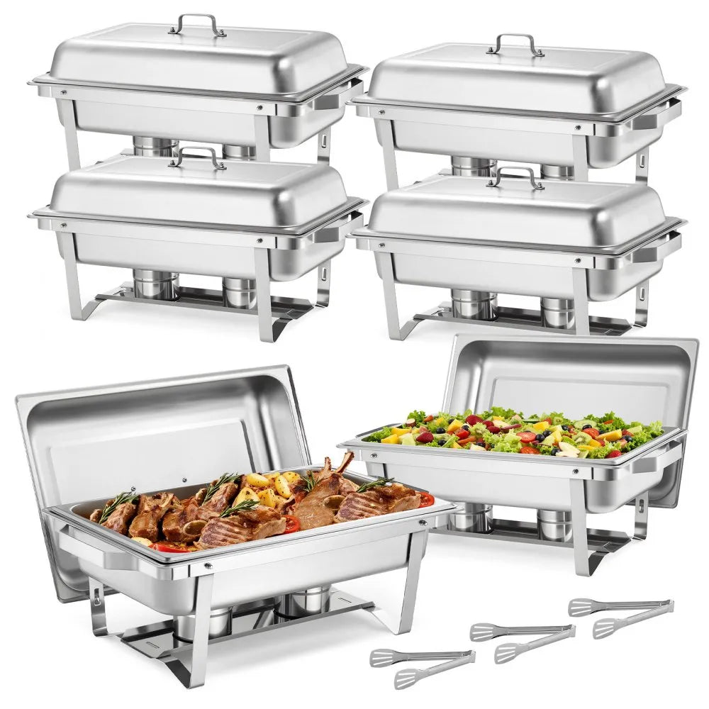 VEVOR Rectangle Chafing Dish, 9 Qt 6 Pack Stainless Steel Chafing Dish, Food Warmer Chafer Complete Set with Hollow Handle, 3 Food Tongs, Lid, Fuel Holder, Chafer Dishes for Banquet Party Wedding 