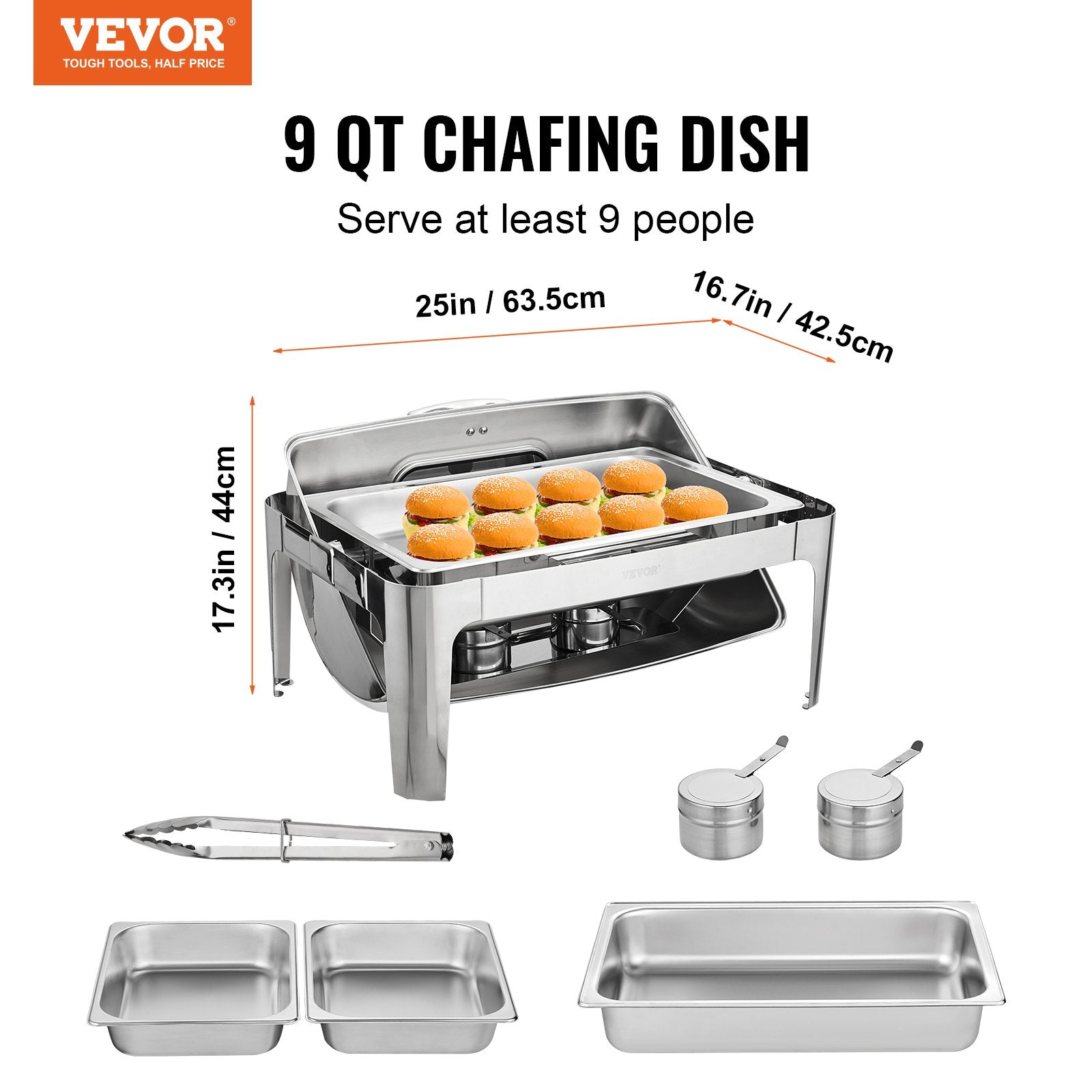 VEVOR Rectangle Roll Top Chafing Dish with 9Qt Pan Visual Glass Lid Fuel Holder 