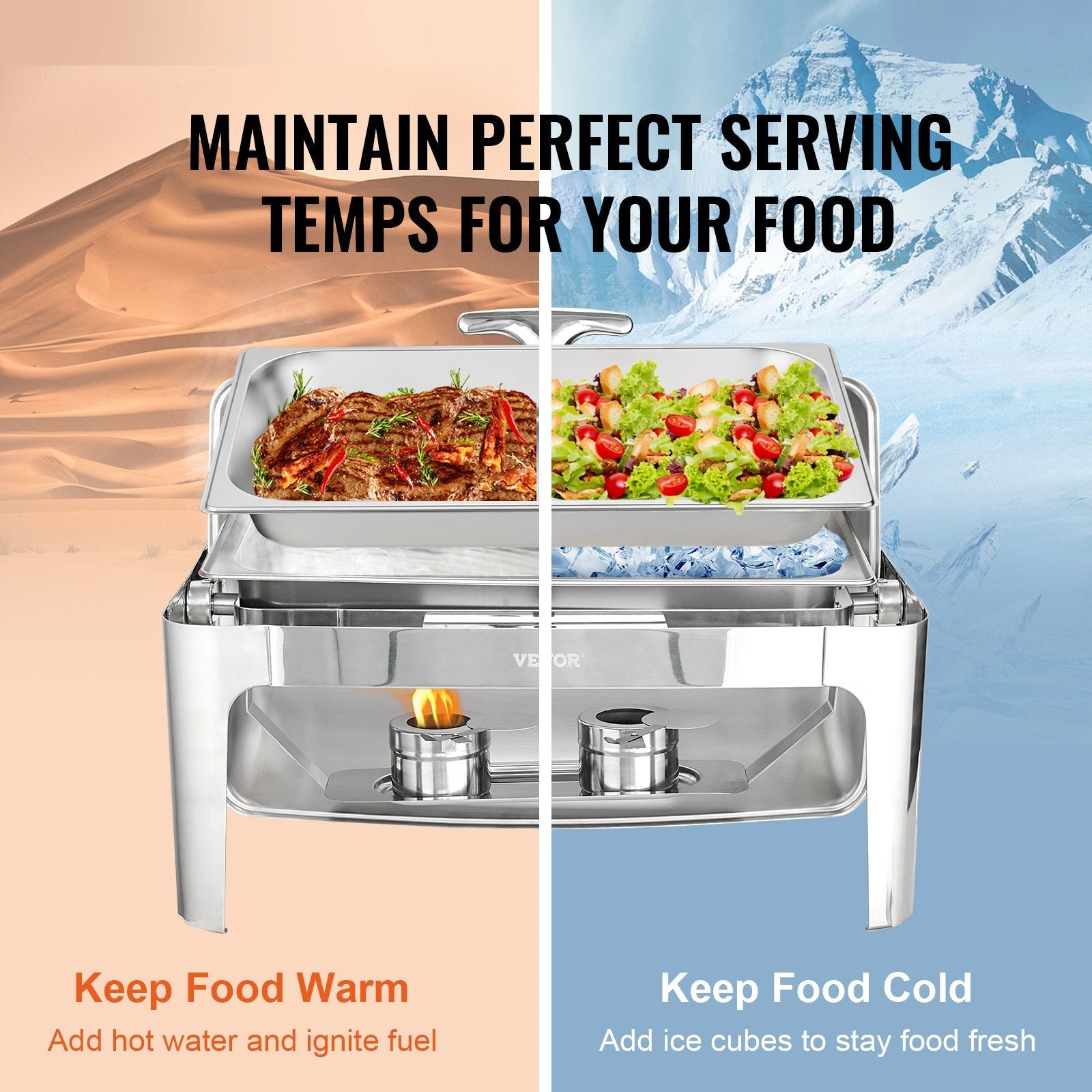 VEVOR Rectangle Roll Top Chafing Dish with 9Qt Pan Visual Glass Lid Fuel Holder 