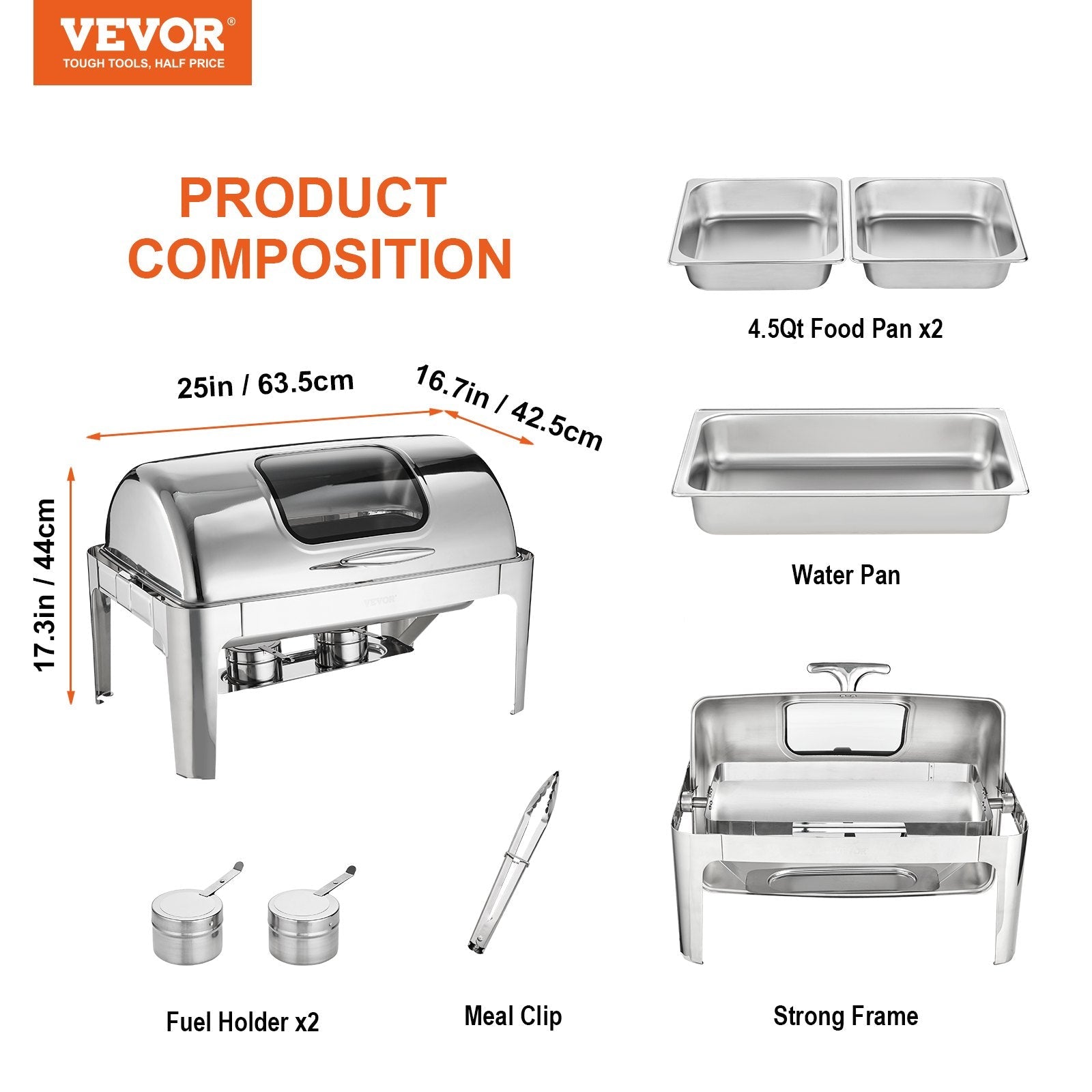 VEVOR Rectangle Roll Top Chafing Dish with 9Qt Pan Visual Glass Lid Fuel Holder 