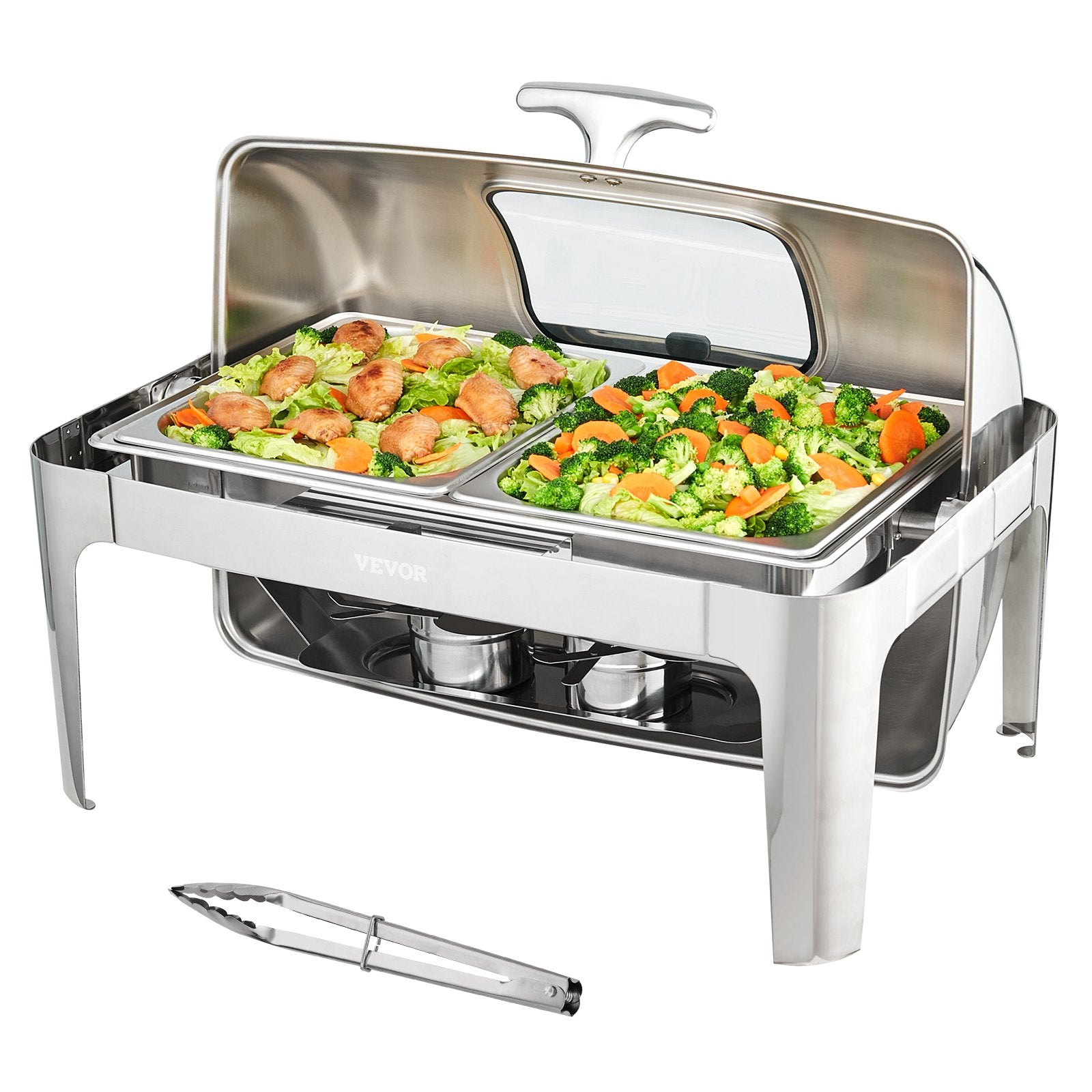 VEVOR Rectangle Roll Top Chafing Dish with 9Qt Pan Visual Glass Lid Fuel Holder 