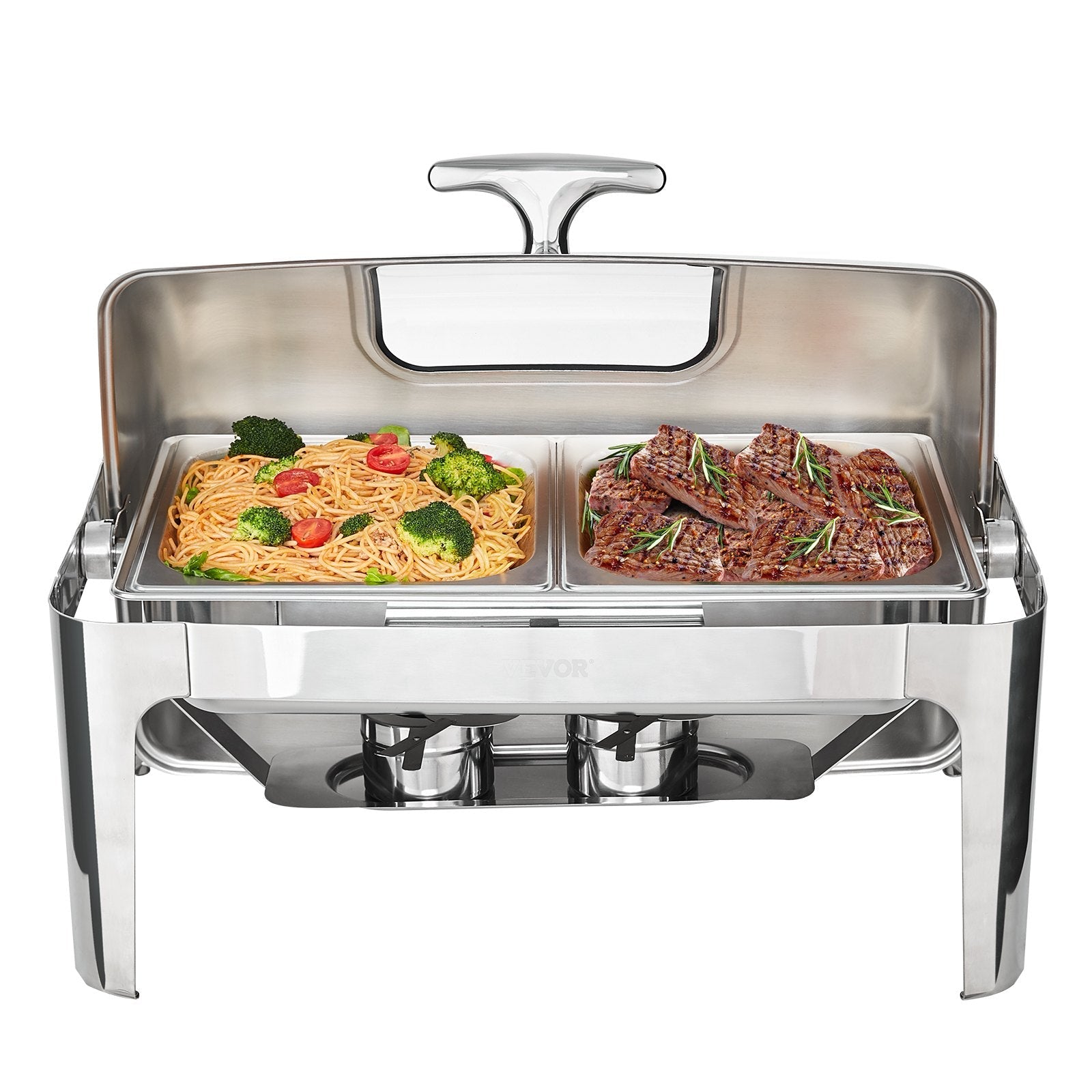 VEVOR Rectangle Roll Top Chafing Dish with 9Qt Pan Visual Glass Lid Fuel Holder 