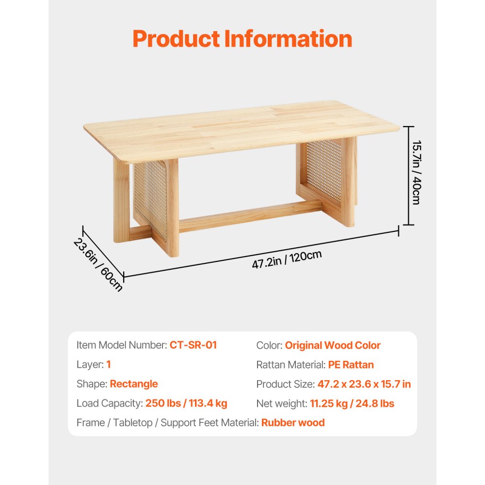 VEVOR Rattan Coffee Table Rectangle Rattan Coffee Table 1-Tier for Living Room 