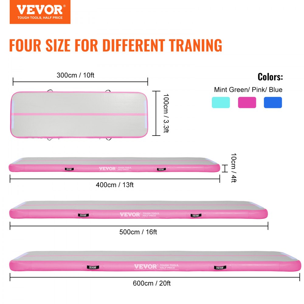 VEVOR Gymnastics Air Mat, 4 inch Thickness Inflatable Gymnastics Tumbling Mat, Tumble Track with Electric Pump, Training Mats for Home Use/Gym/Yoga/Cheerleading/Beach/Park/Water, 10 ft, Pink 