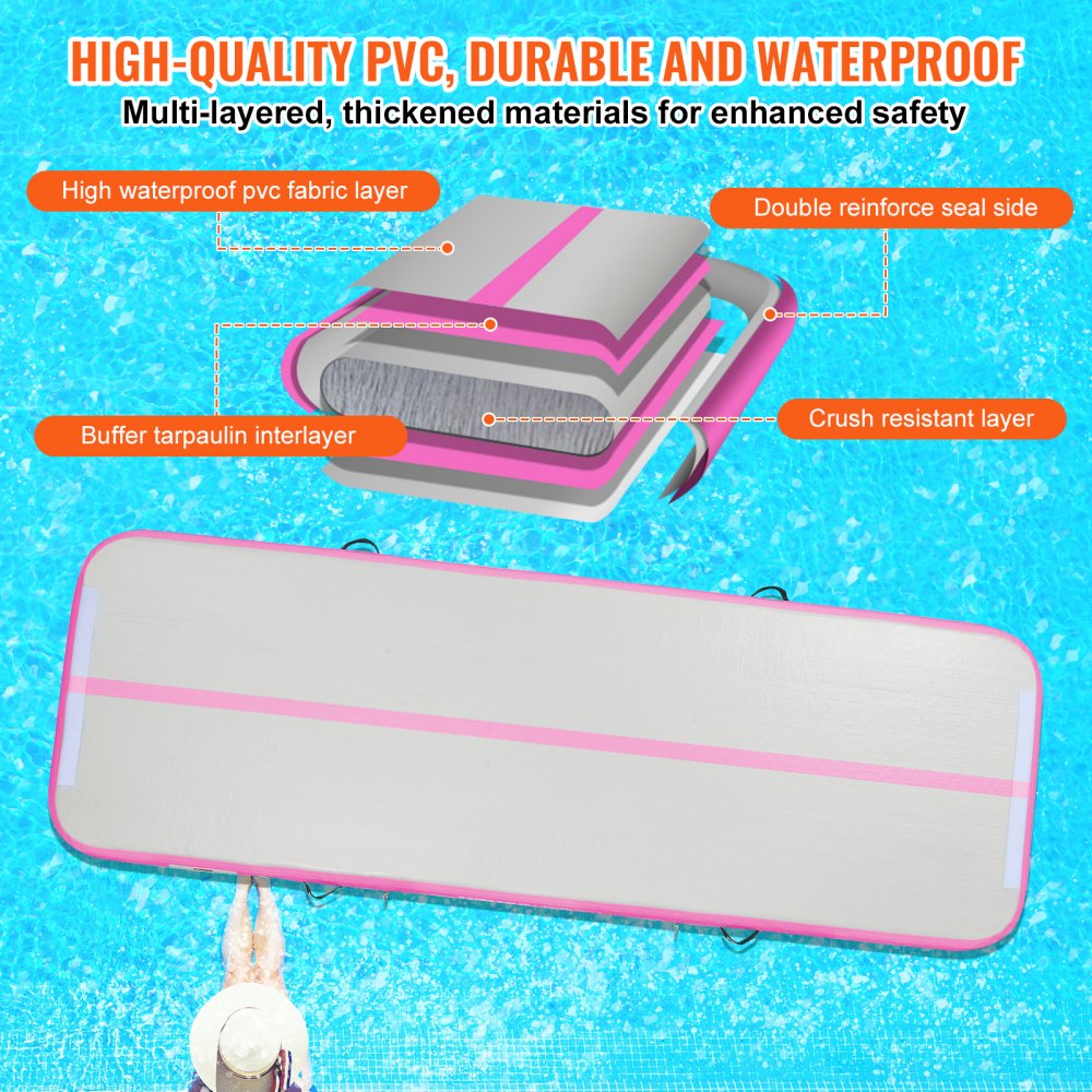 VEVOR Gymnastics Air Mat, 4 inch Thickness Inflatable Gymnastics Tumbling Mat, Tumble Track with Electric Pump, Training Mats for Home Use/Gym/Yoga/Cheerleading/Beach/Park/Water, 10 ft, Pink 