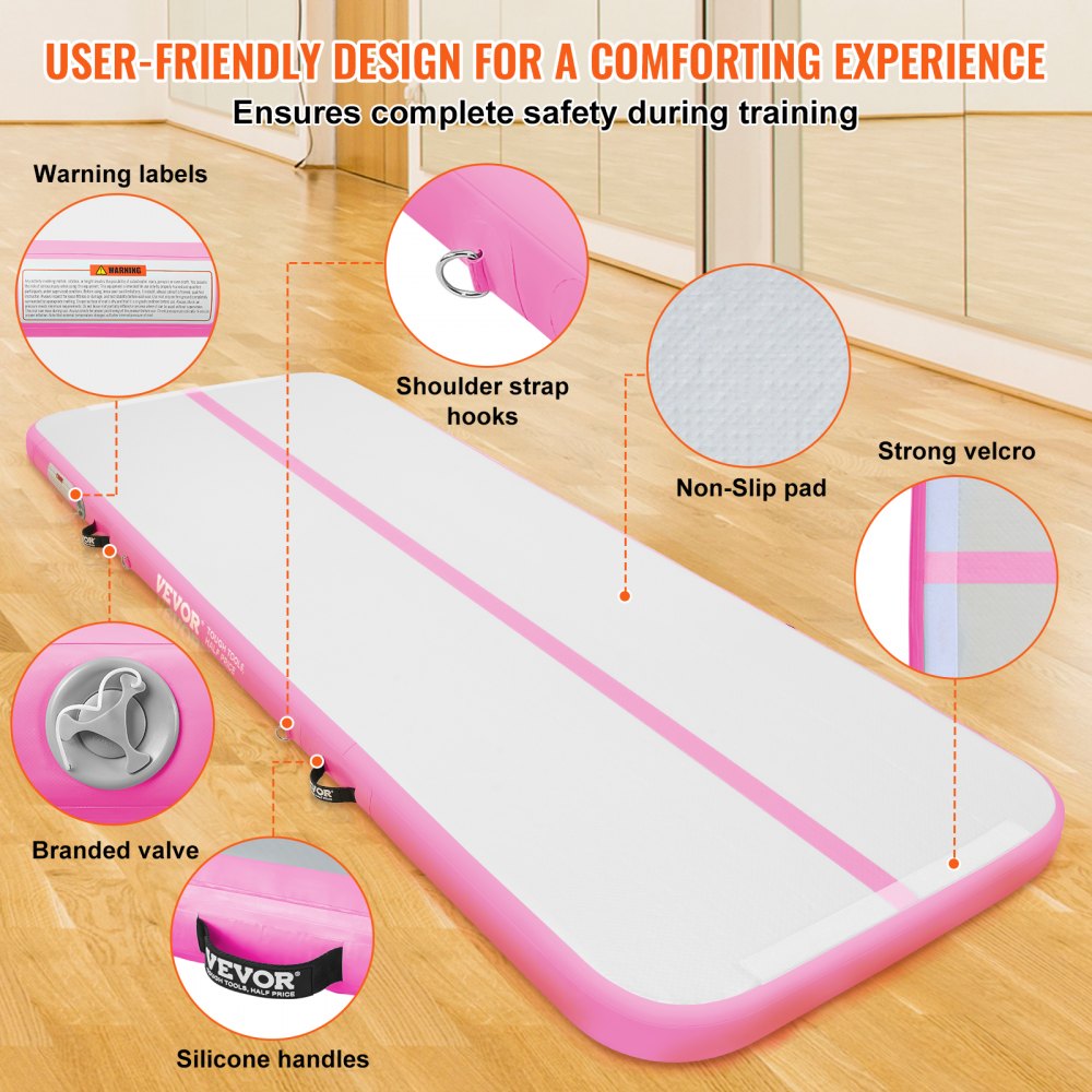 VEVOR Gymnastics Air Mat, 4 inch Thickness Inflatable Gymnastics Tumbling Mat, Tumble Track with Electric Pump, Training Mats for Home Use/Gym/Yoga/Cheerleading/Beach/Park/Water, 10 ft, Pink 
