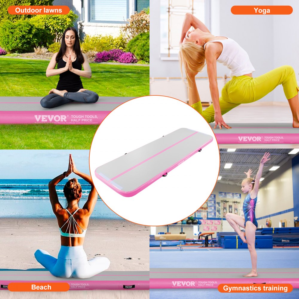 VEVOR Gymnastics Air Mat, 4 inch Thickness Inflatable Gymnastics Tumbling Mat, Tumble Track with Electric Pump, Training Mats for Home Use/Gym/Yoga/Cheerleading/Beach/Park/Water, 10 ft, Pink 