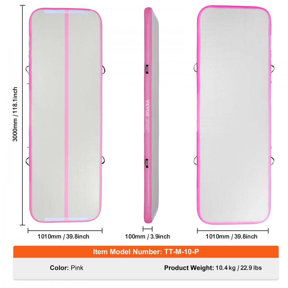 VEVOR Gymnastics Air Mat, 4 inch Thickness Inflatable Gymnastics Tumbling Mat, Tumble Track with Electric Pump, Training Mats for Home Use/Gym/Yoga/Cheerleading/Beach/Park/Water, 10 ft, Pink 