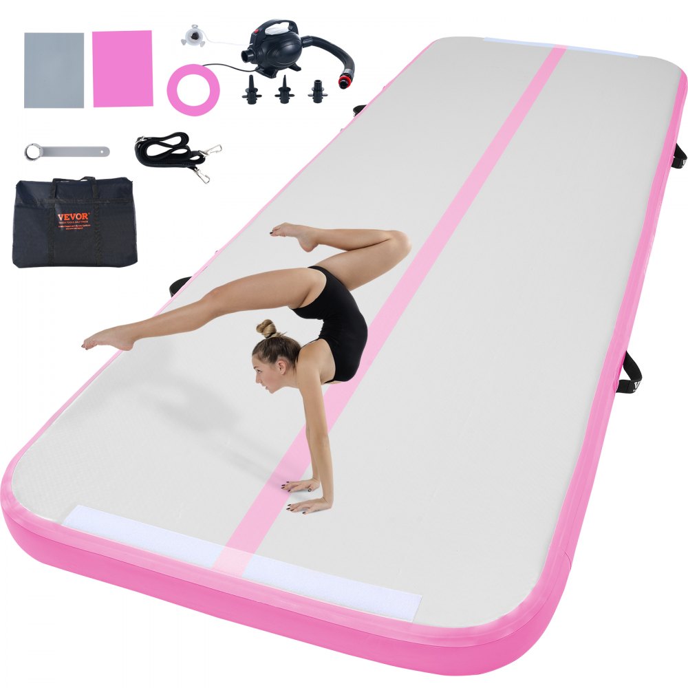 VEVOR Gymnastics Air Mat, 4 inch Thickness Inflatable Gymnastics Tumbling Mat, Tumble Track with Electric Pump, Training Mats for Home Use/Gym/Yoga/Cheerleading/Beach/Park/Water, 10 ft, Pink 