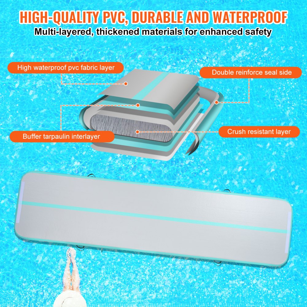 VEVOR Gymnastics Air Mat, 4 inch Thickness Inflatable Gymnastics Tumbling Mat, Tumble Track with Electric Pump, Training Mats for Home Use/Gym/Yoga/Cheerleading/Beach/Park/Water, 13 ft, Mint Green 