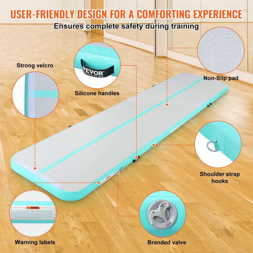 VEVOR Gymnastics Air Mat, 4 inch Thickness Inflatable Gymnastics Tumbling Mat, Tumble Track with Electric Pump, Training Mats for Home Use/Gym/Yoga/Cheerleading/Beach/Park/Water, 13 ft, Mint Green 