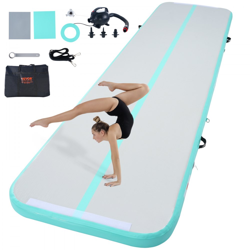 VEVOR Gymnastics Air Mat, 4 inch Thickness Inflatable Gymnastics Tumbling Mat, Tumble Track with Electric Pump, Training Mats for Home Use/Gym/Yoga/Cheerleading/Beach/Park/Water, 13 ft, Mint Green 