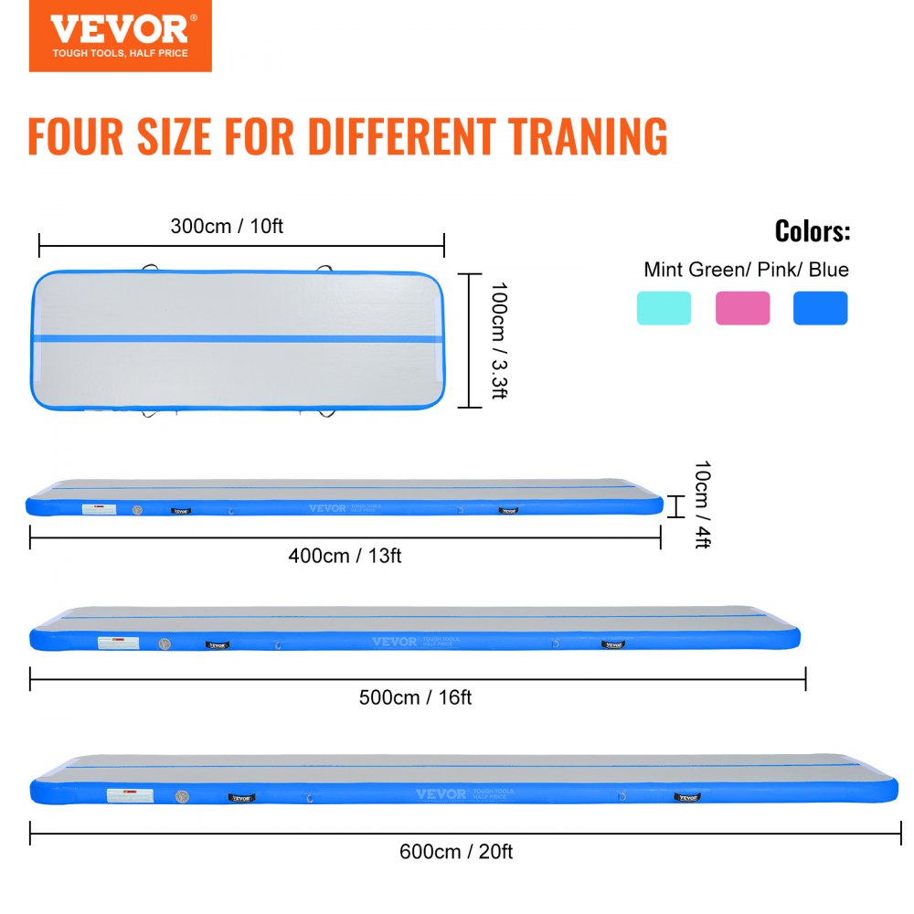 VEVOR Gymnastics Air Mat, 4 inch Thickness Inflatable Gymnastics Tumbling Mat, Tumble Track with Electric Pump, Training Mats for Home Use/Gym/Yoga/Cheerleading/Beach/Park/Water, 13 ft, Blue 