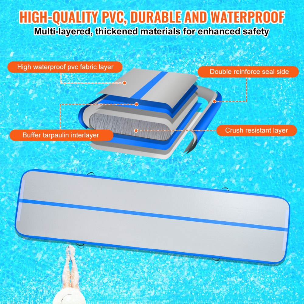 VEVOR Gymnastics Air Mat, 4 inch Thickness Inflatable Gymnastics Tumbling Mat, Tumble Track with Electric Pump, Training Mats for Home Use/Gym/Yoga/Cheerleading/Beach/Park/Water, 13 ft, Blue 