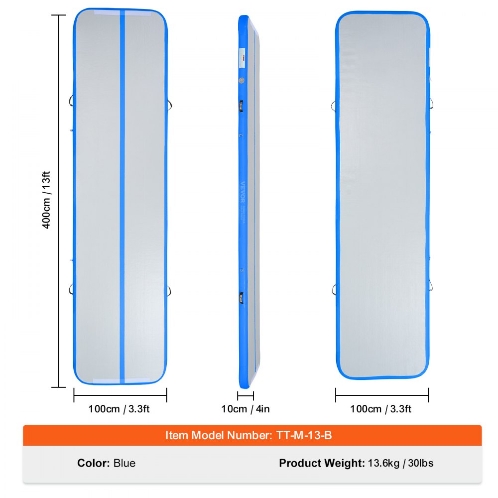 VEVOR Gymnastics Air Mat, 4 inch Thickness Inflatable Gymnastics Tumbling Mat, Tumble Track with Electric Pump, Training Mats for Home Use/Gym/Yoga/Cheerleading/Beach/Park/Water, 13 ft, Blue 