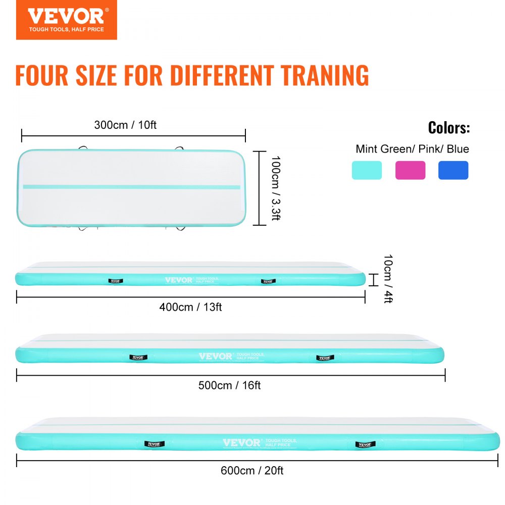VEVOR Gymnastics Air Mat, 4 inch Thickness Inflatable Gymnastics Tumbling Mat, Tumble Track with Electric Pump, Training Mats for Home Use/Gym/Yoga/Cheerleading/Beach/Park/Water, 16 ft, Mint Green 