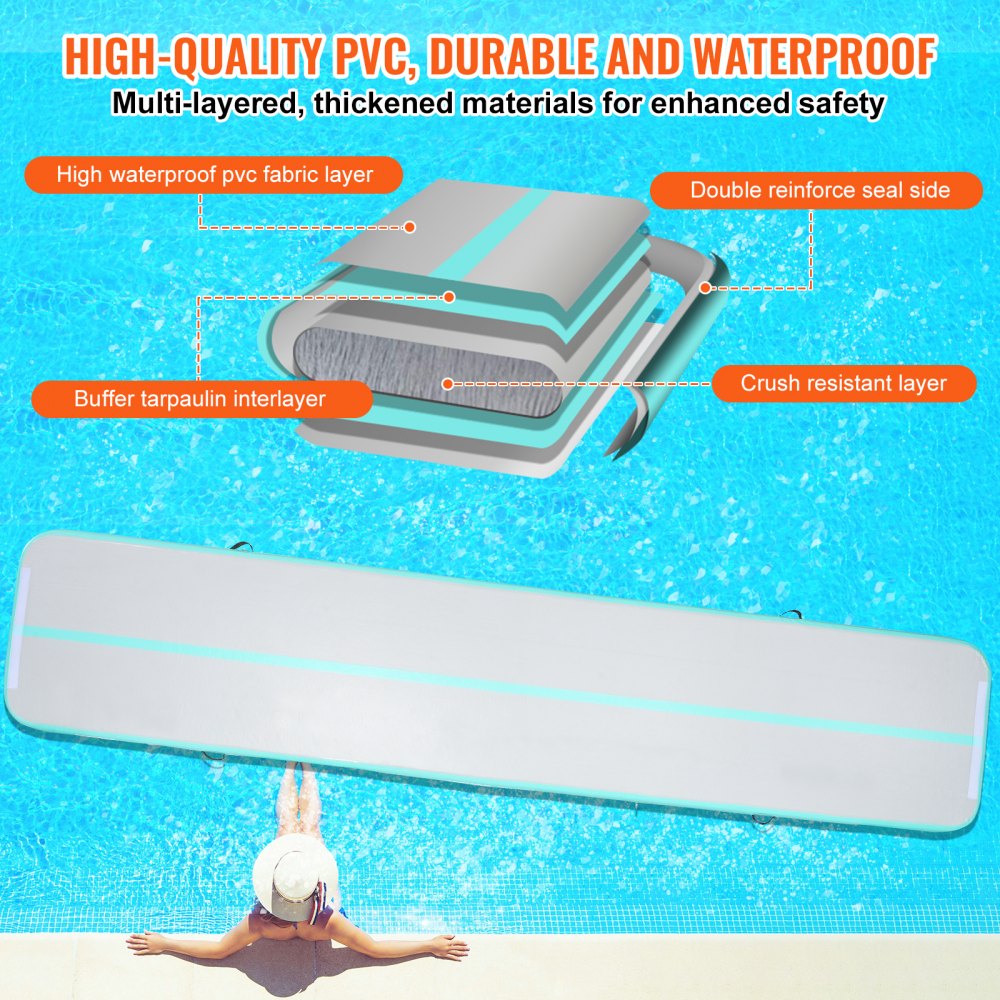 VEVOR Gymnastics Air Mat, 4 inch Thickness Inflatable Gymnastics Tumbling Mat, Tumble Track with Electric Pump, Training Mats for Home Use/Gym/Yoga/Cheerleading/Beach/Park/Water, 16 ft, Mint Green 