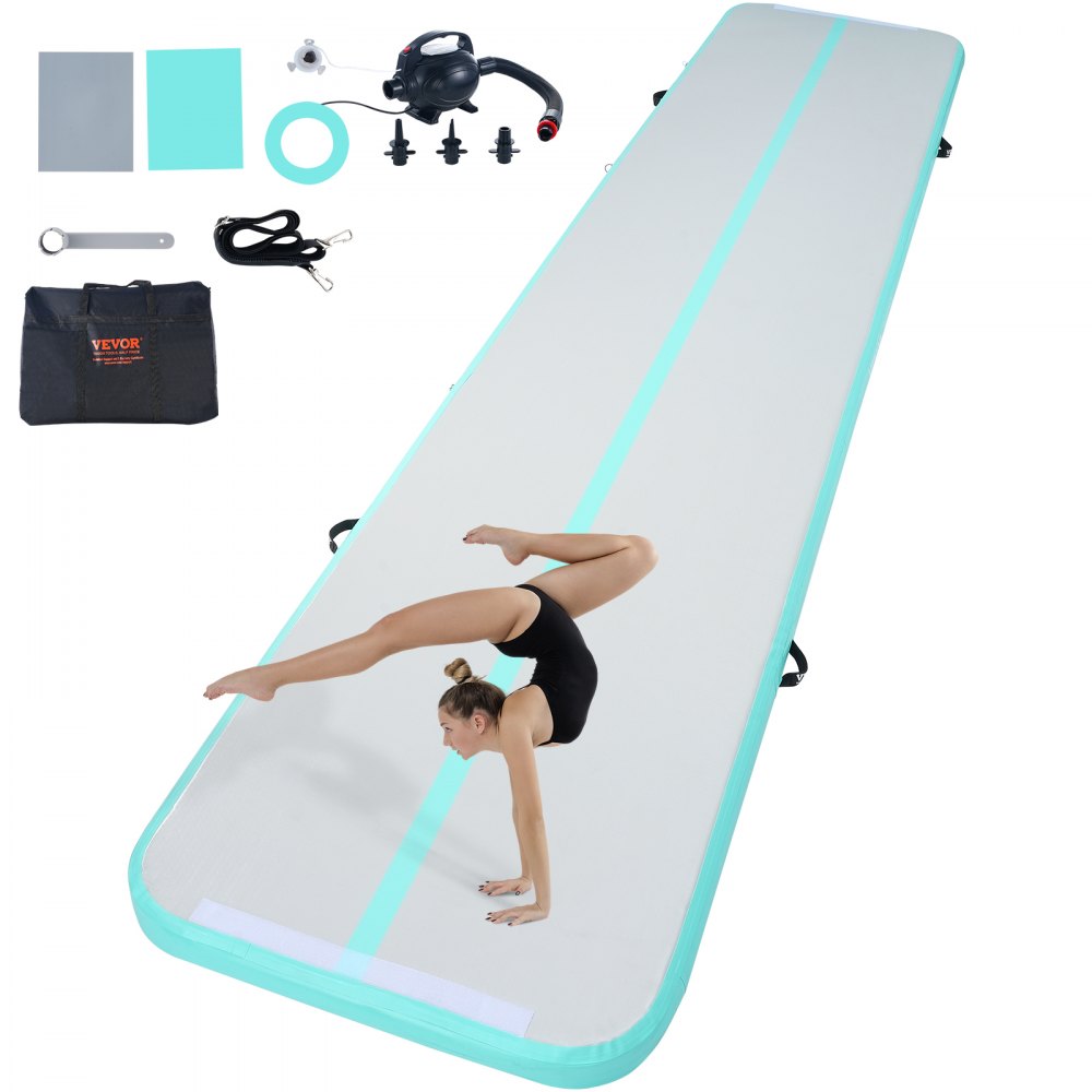 VEVOR Gymnastics Air Mat, 4 inch Thickness Inflatable Gymnastics Tumbling Mat, Tumble Track with Electric Pump, Training Mats for Home Use/Gym/Yoga/Cheerleading/Beach/Park/Water, 16 ft, Mint Green 