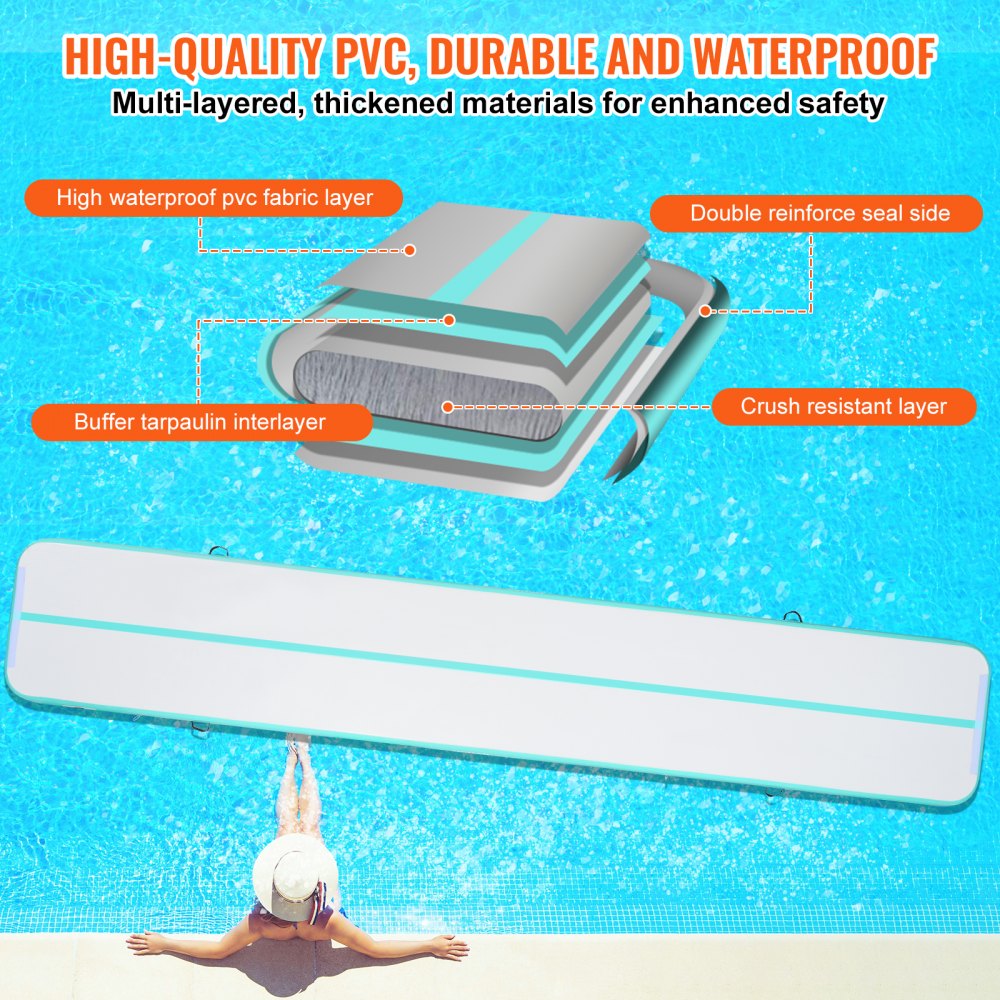 VEVOR Gymnastics Air Mat, 4 inch Thickness Inflatable Gymnastics Tumbling Mat, Tumble Track with Electric Pump, Training Mats for Home Use/Gym/Yoga/Cheerleading/Beach/Park/Water, 20 ft, Mint Green 