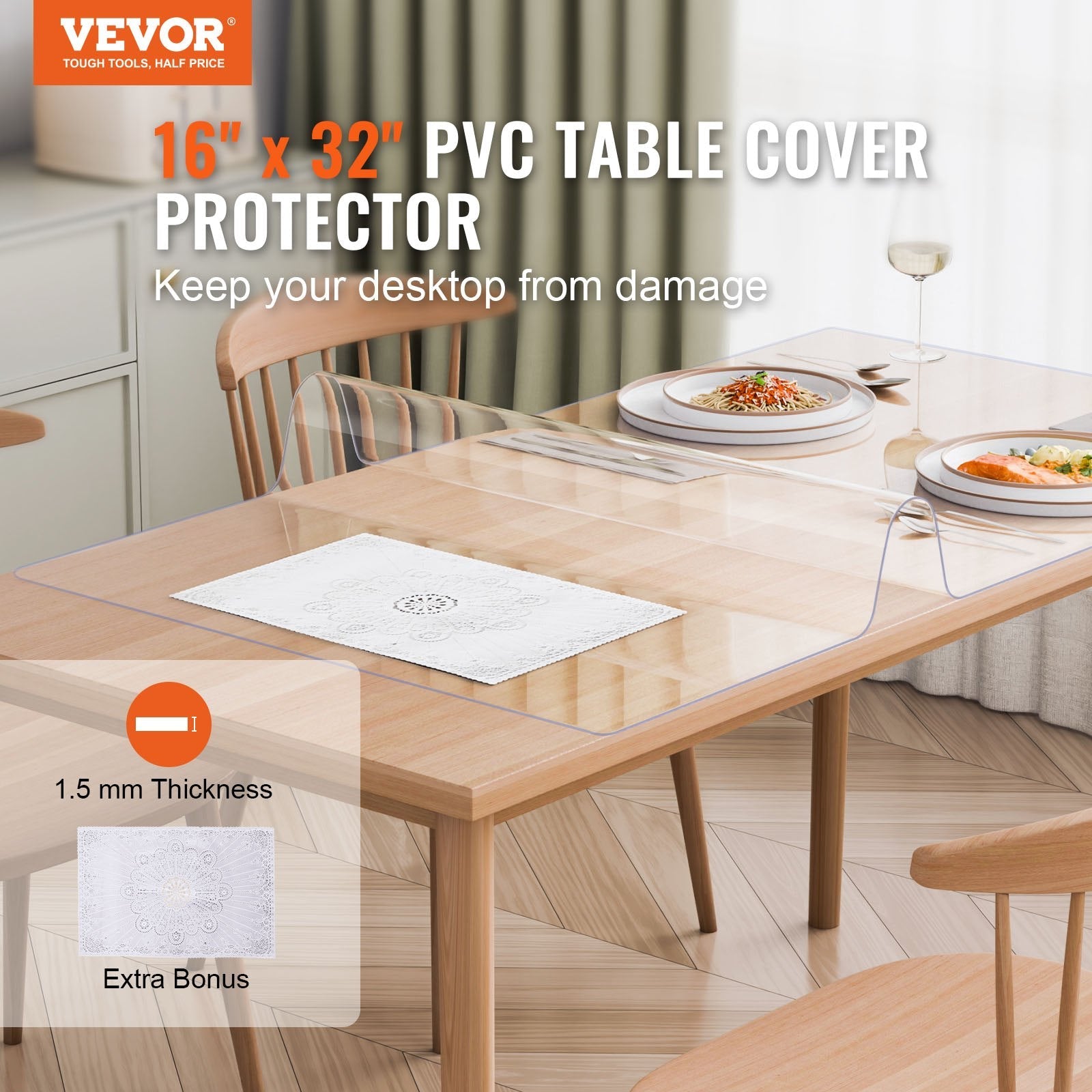 VEVOR PVC Table Protector 16x32 Inch Clear Plastic Desk Protector 1.5mm Thick 