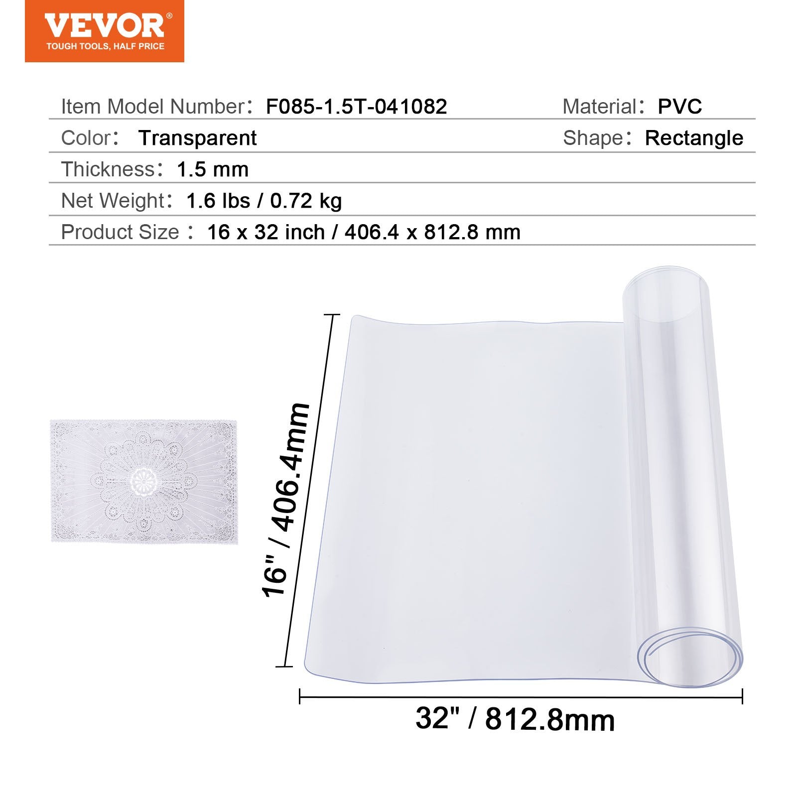 VEVOR PVC Table Protector 16x32 Inch Clear Plastic Desk Protector 1.5mm Thick 
