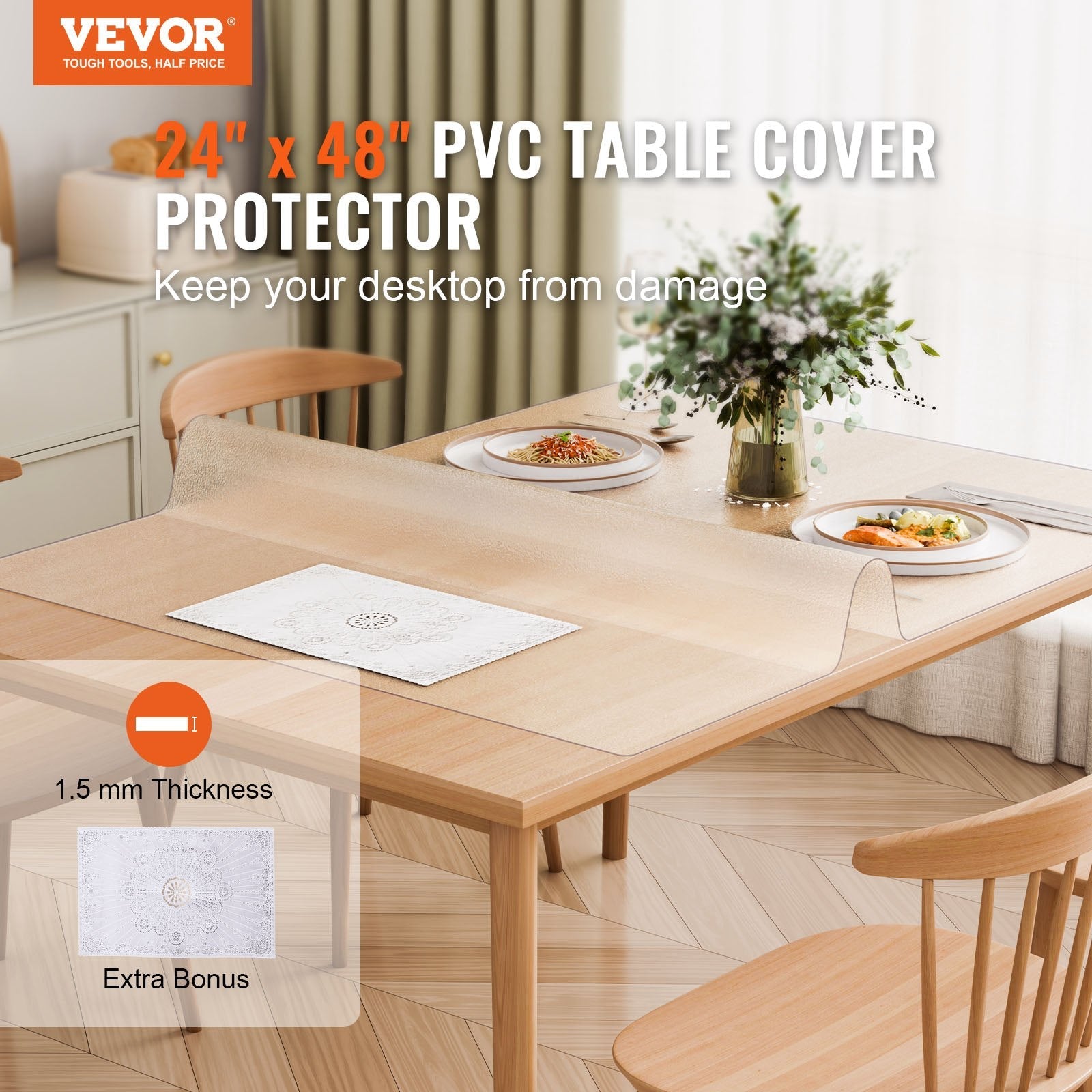 VEVOR PVC Table Protector 24x48 Inch Frosted Plastic Desk Protector 1.5mm Thick 
